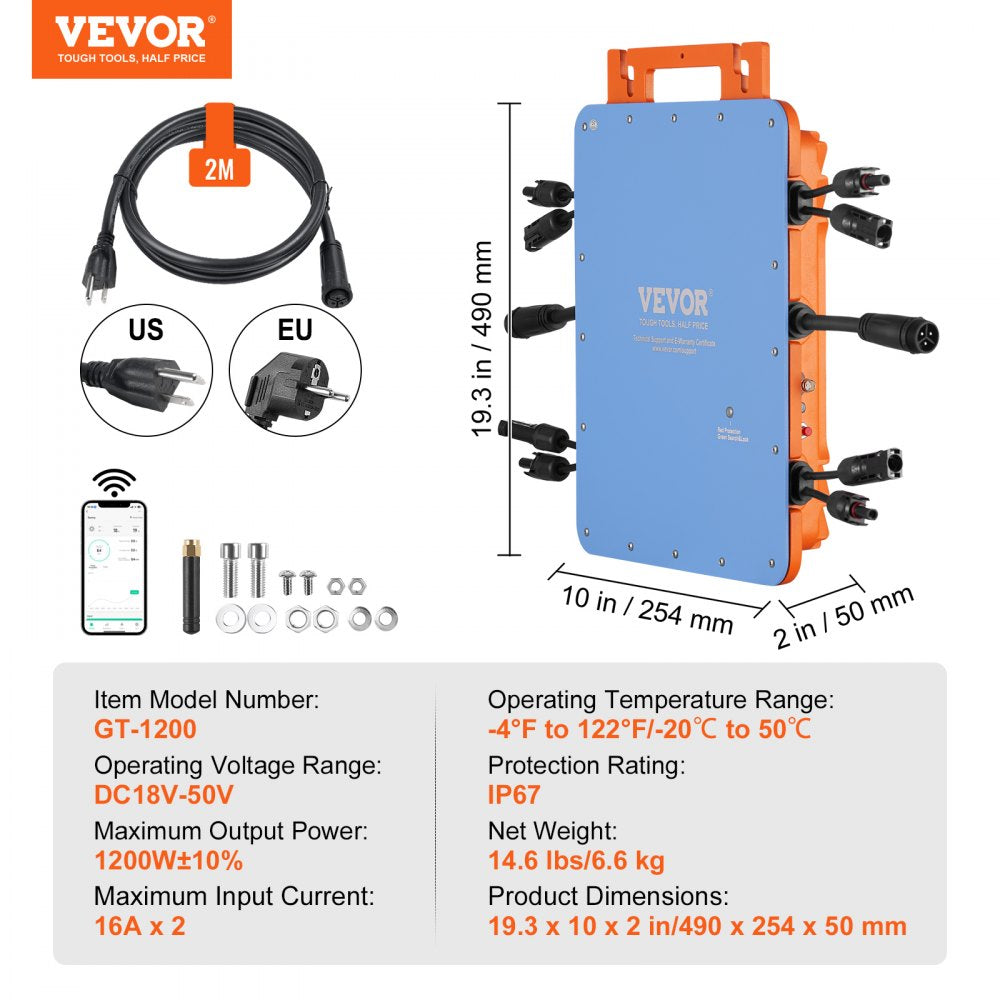Solar Grid Tie Micro Inverter, 1200W, Solar Micro Inverter, IP67 Waterproof Aluminum Alloy Solar Power Grid Tie Inverter DC18-50V Operating Voltage with APP Wifi Antenna Power Cord, for Solar Pa