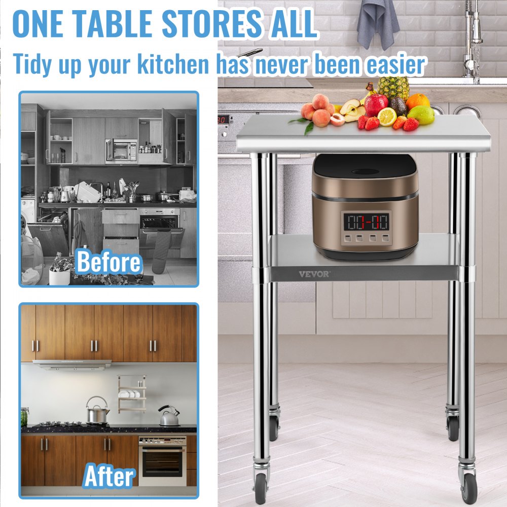 Stainless Steel Prep Table, 24 x 24 x 36 Inch, 600lbs Load Capacity Heavy Duty Metal Worktable with Adjustable Undershelf & Universal Wheels, Commercial Workstation for Kitchen Garage Backyard