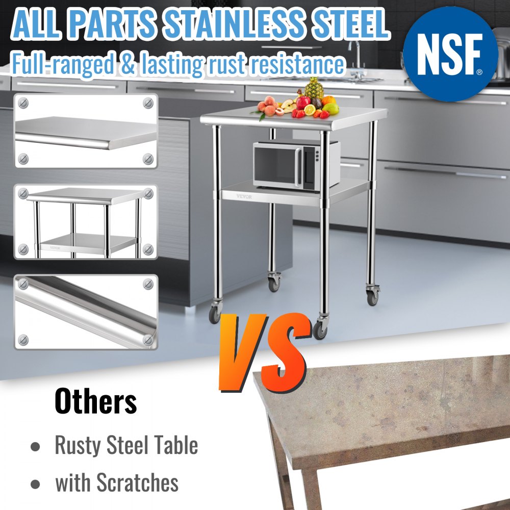Stainless Steel Prep Table, 24 x 24 x 36 Inch, 600lbs Load Capacity Heavy Duty Metal Worktable with Adjustable Undershelf & Universal Wheels, Commercial Workstation for Kitchen Garage Backyard