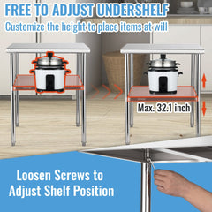 Stainless Steel Prep Table, 30 x 30 x 36 Inch, 800lbs Load Capacity Heavy Duty Metal Worktable with Adjustable Undershelf & Feet, Commercial Workstation for Kitchen Garage Restaurant Backyard