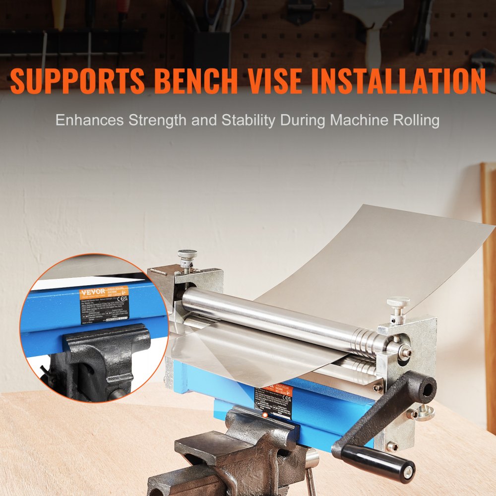 Bostome 12.6" slip roll machine with precision-ground rollers for rolling 20 gauge sheet metal.