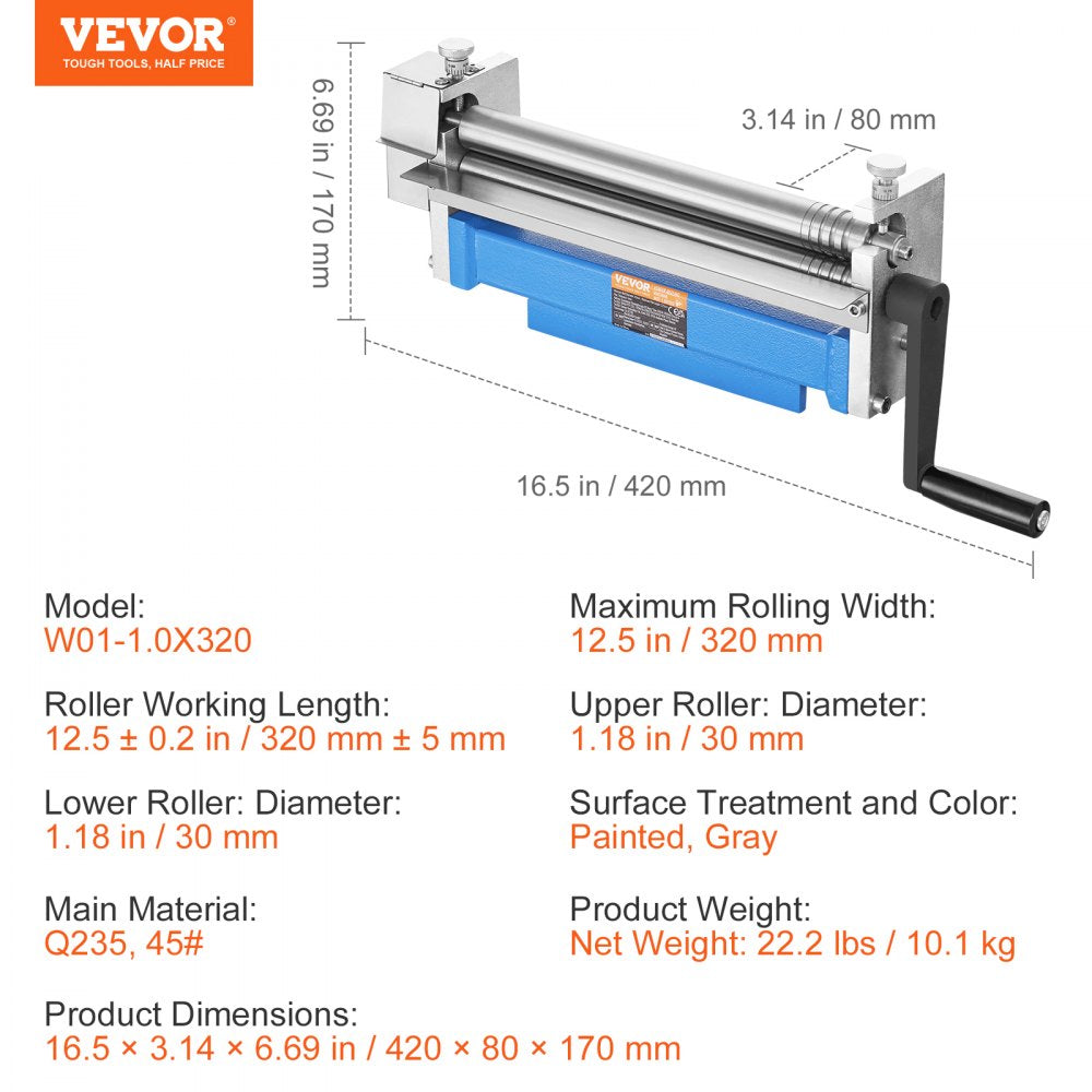 Bostome 12.6" slip roll machine with precision-ground rollers for 20 gauge sheet metal.