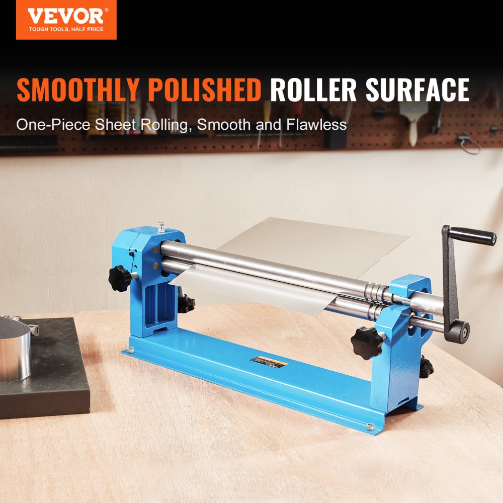 Blue 24-inch slip roll machine with stainless steel rollers, detachable upper shaft, crank handle, and sturdy base on a table.