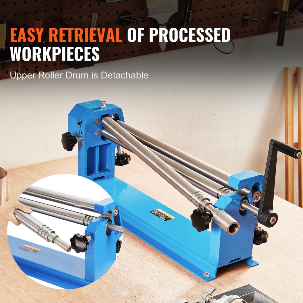 Blue 24-inch slip roll machine with detachable upper rollers and hand crank for 16-gauge sheet metal.