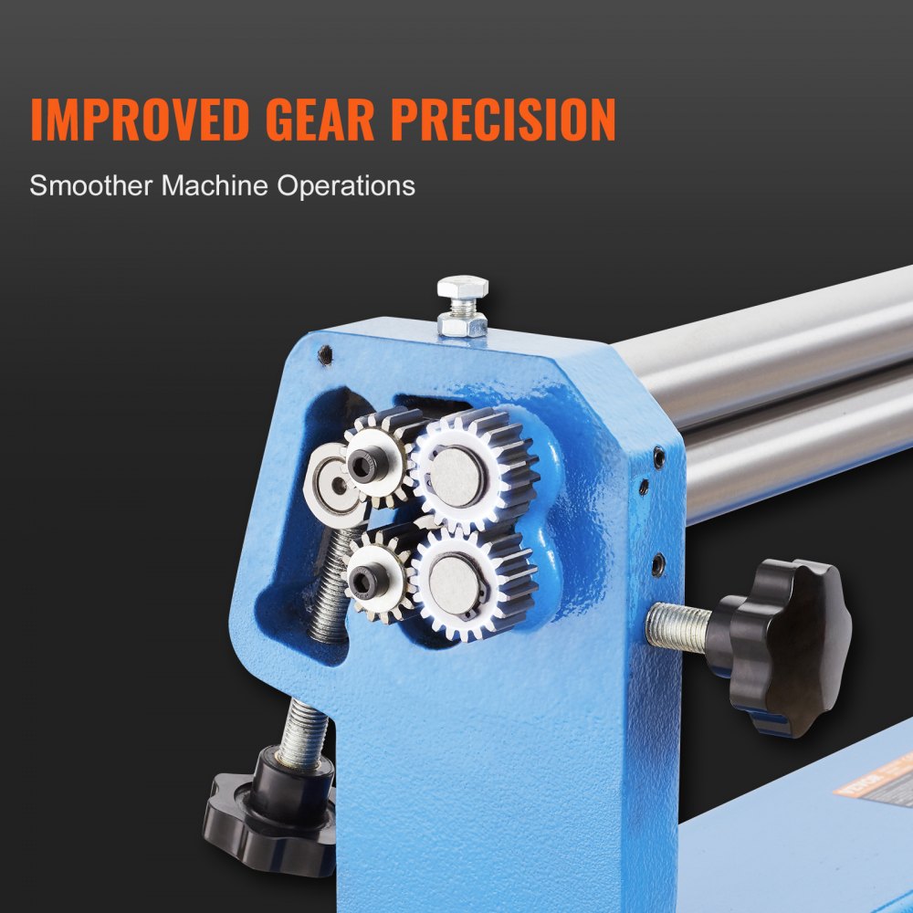 Blue 24-inch slip roll machine with detachable rollers and precision gears for sheet metal.