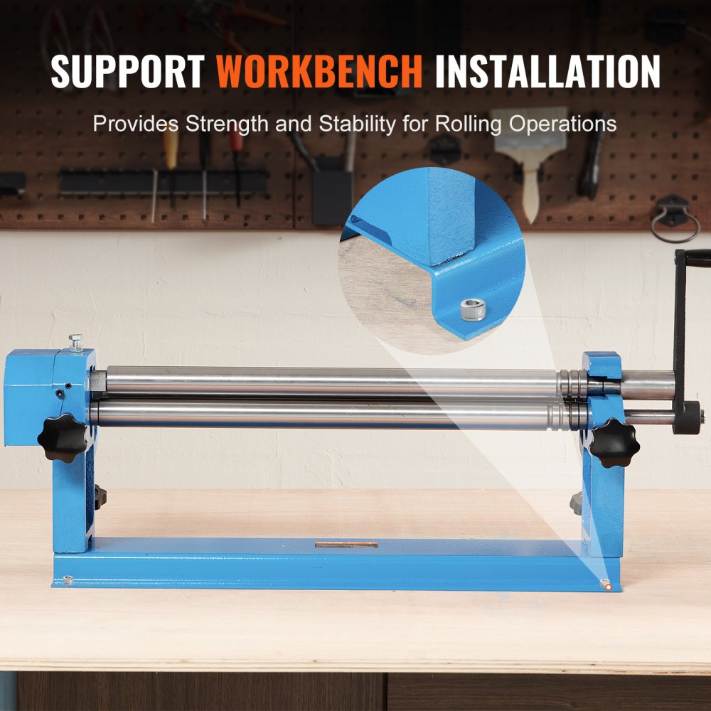 A blue 24-inch sheet metal slip roll machine is shown on a wooden workbench.