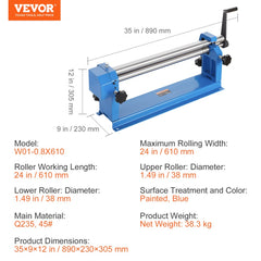 Blue 24-inch slip roll machine with detachable rollers for 16-gauge sheet metal, 35 mm diameter.