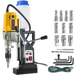 Yellow Bostome 1100W magnetic drill press with coolant bottle, core bits, and accessories.