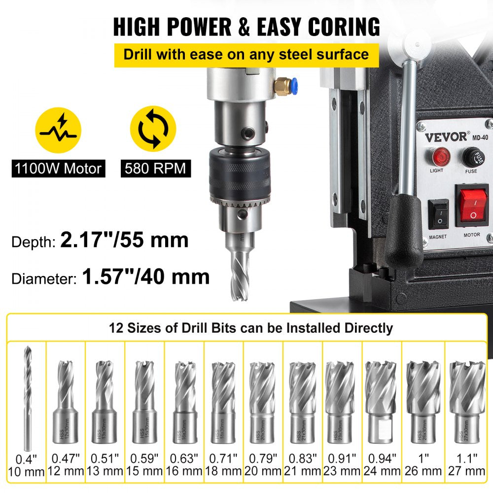 Bostome 1100W magnetic drill press with 1.57-inch boring diameter and 580 RPM, showing bits and specs.