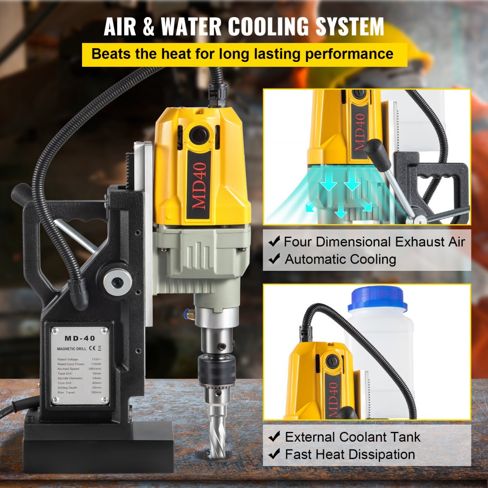 A yellow and black magnetic drill press with an air and water cooling system.