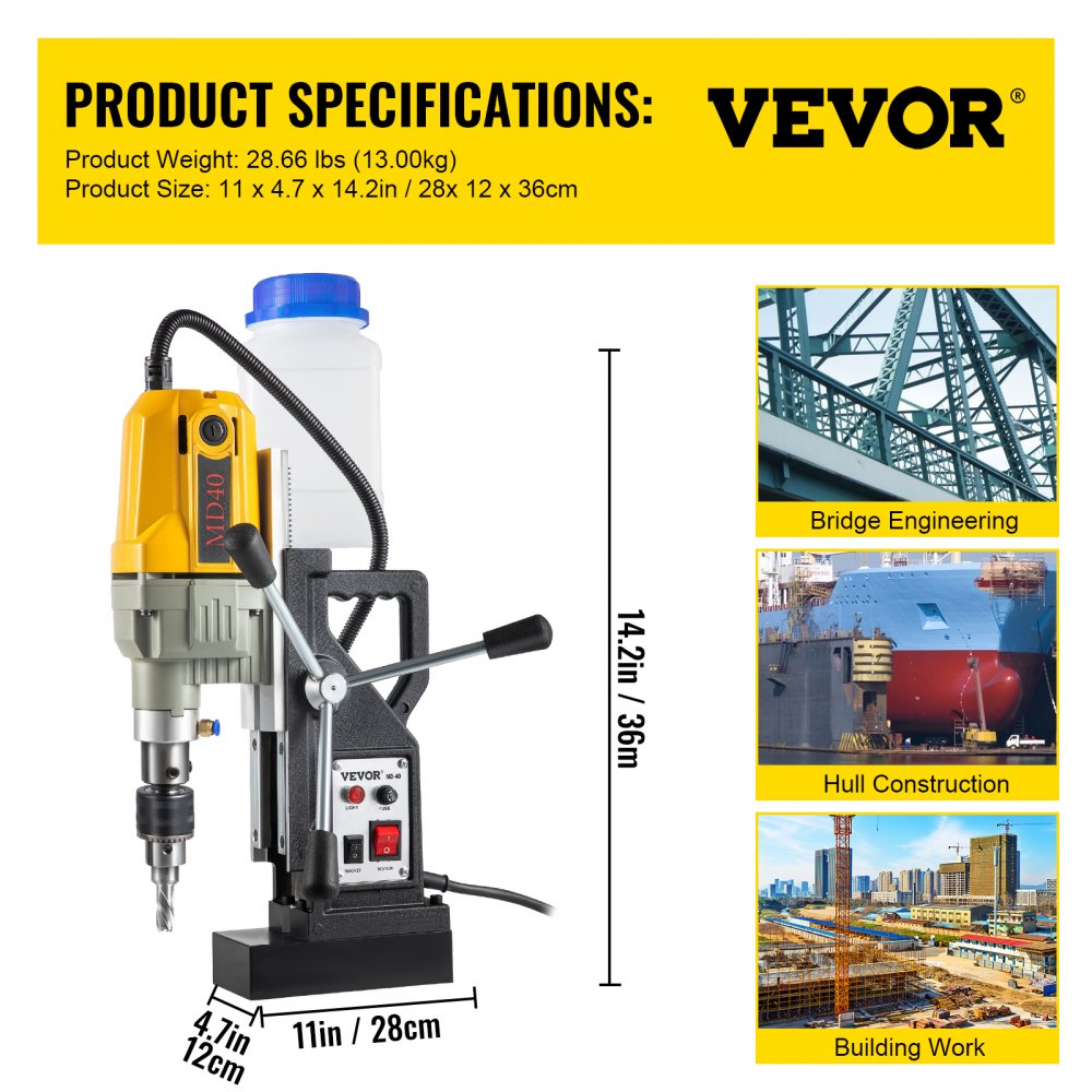 Yellow Bostome 1100W magnetic drill press with blue coolant bottle, dimensions, and construction application images.