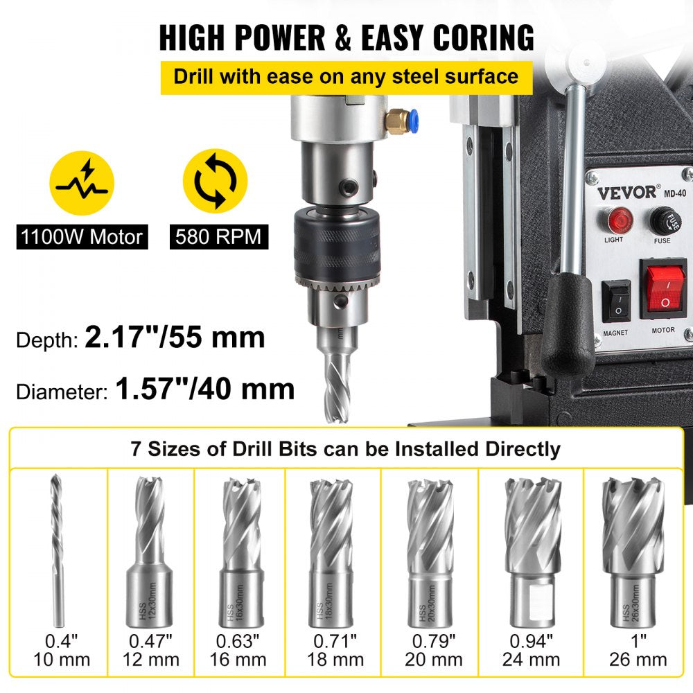 Bostome 1100W Magnetic Drill Press with a 1.57" boring diameter and strong 12000N magnetic force.