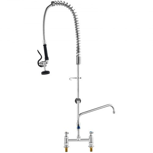Commercial Faucet with Pre-Rinse Sprayer, 44" Height, 8" Center, 12" Swing Spout, Deck Mount Kitchen Sink Faucet, Brass Constructed Device with Pull Down Spray, for 1/2/3 Compartment Sink