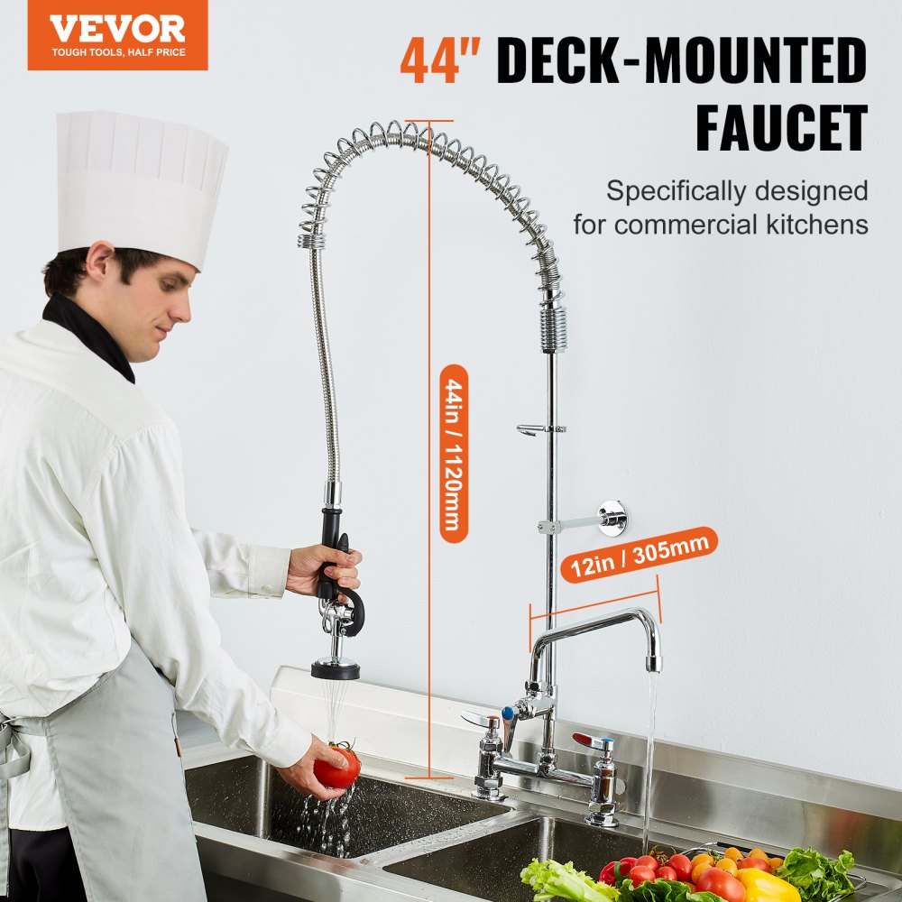 Commercial Faucet with Pre-Rinse Sprayer, 44" Height, 8" Center, 12" Swing Spout, Deck Mount Kitchen Sink Faucet, Brass Constructed Device with Pull Down Spray, for 1/2/3 Compartment Sink