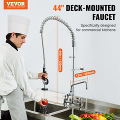 Commercial Faucet with Pre-Rinse Sprayer, 44" Height, 8" Center, 12" Swing Spout, Deck Mount Kitchen Sink Faucet, Brass Constructed Device with Pull Down Spray, for 1/2/3 Compartment Sink