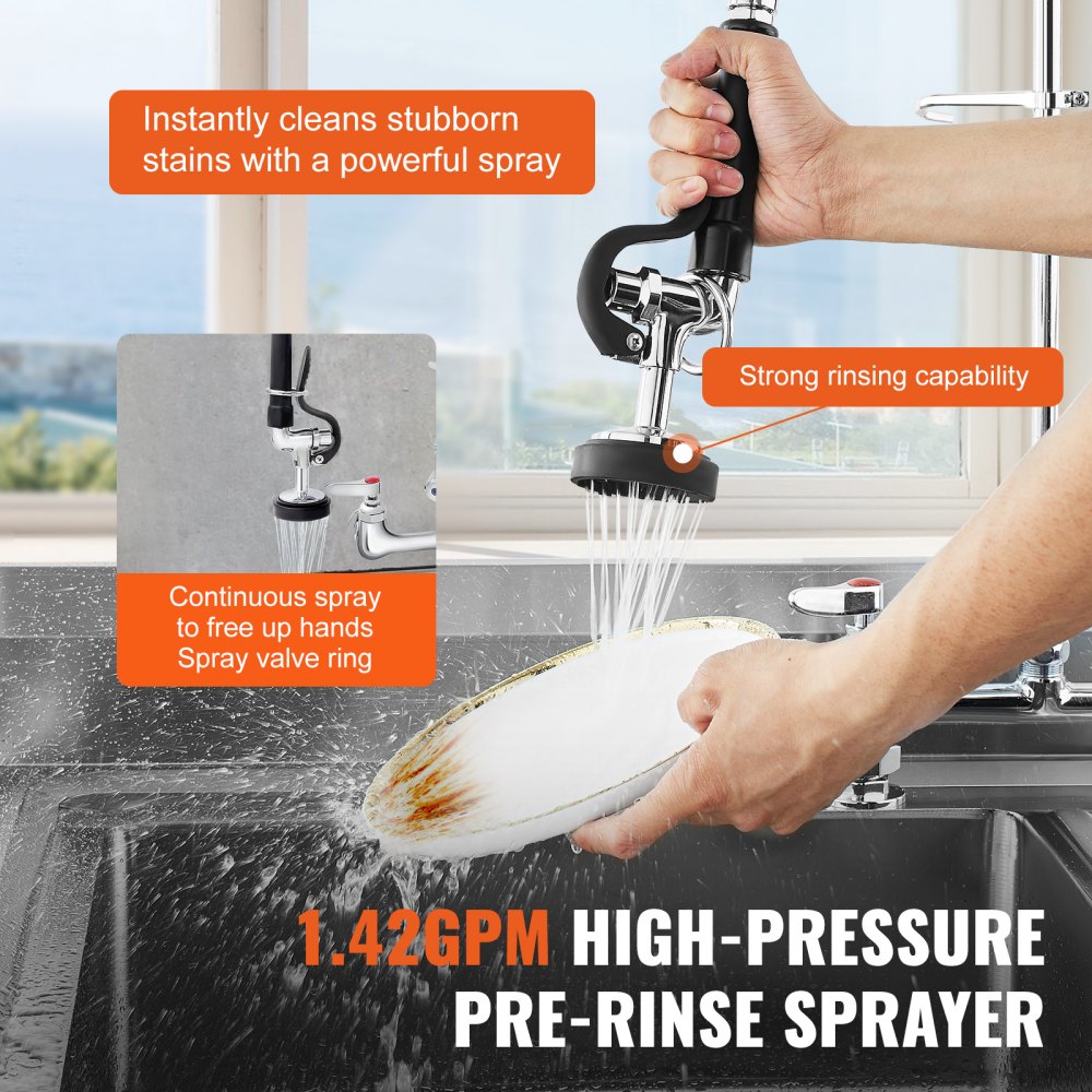 Commercial Faucet with Pre-Rinse Sprayer, 44" Height, 8" Center, 12" Swing Spout, Deck Mount Kitchen Sink Faucet, Brass Constructed Device with Pull Down Spray, for 1/2/3 Compartment Sink