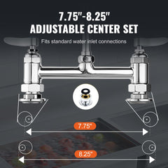 Commercial Faucet with Pre-Rinse Sprayer, 44" Height, 8" Center, 12" Swing Spout, Deck Mount Kitchen Sink Faucet, Brass Constructed Device with Pull Down Spray, for 1/2/3 Compartment Sink