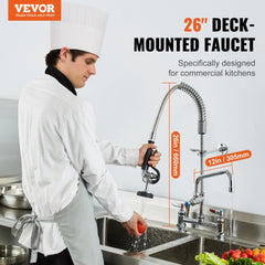 Commercial Faucet with Pre-Rinse Sprayer, 26" Height, 8" Center, 12" Swing Spout, Deck Mount Kitchen Sink Faucet, Brass Constructed Device with Pull Down Spray, for 1/2/3 Compartment Sink