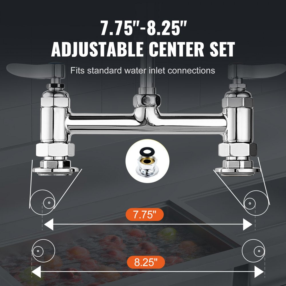 Commercial Faucet with Pre-Rinse Sprayer, 26" Height, 8" Center, 12" Swing Spout, Deck Mount Kitchen Sink Faucet, Brass Constructed Device with Pull Down Spray, for 1/2/3 Compartment Sink