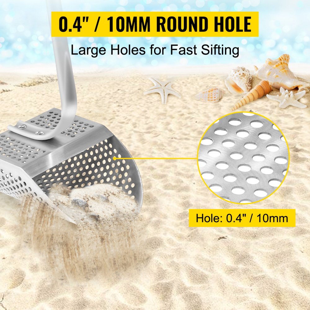 Metal Detector Sand Scoop, Stainless Steel Metal Detecting Beach Scoop Scoops, 10 MM Hole Beach Metal Detector Scoop Shovel, w/ Stainless Steel Handle Pole, for Metal Detecting Treasure Hunting