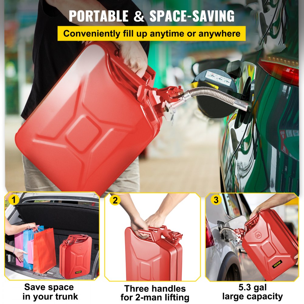 Jerry Fuel Can, 5.3 Gallon / 20 L Portable Jerry Gas Can with Flexible Spout System, Rustproof ＆ Heat-resistant Steel Fuel Tank for Cars Trucks Equipment, Red