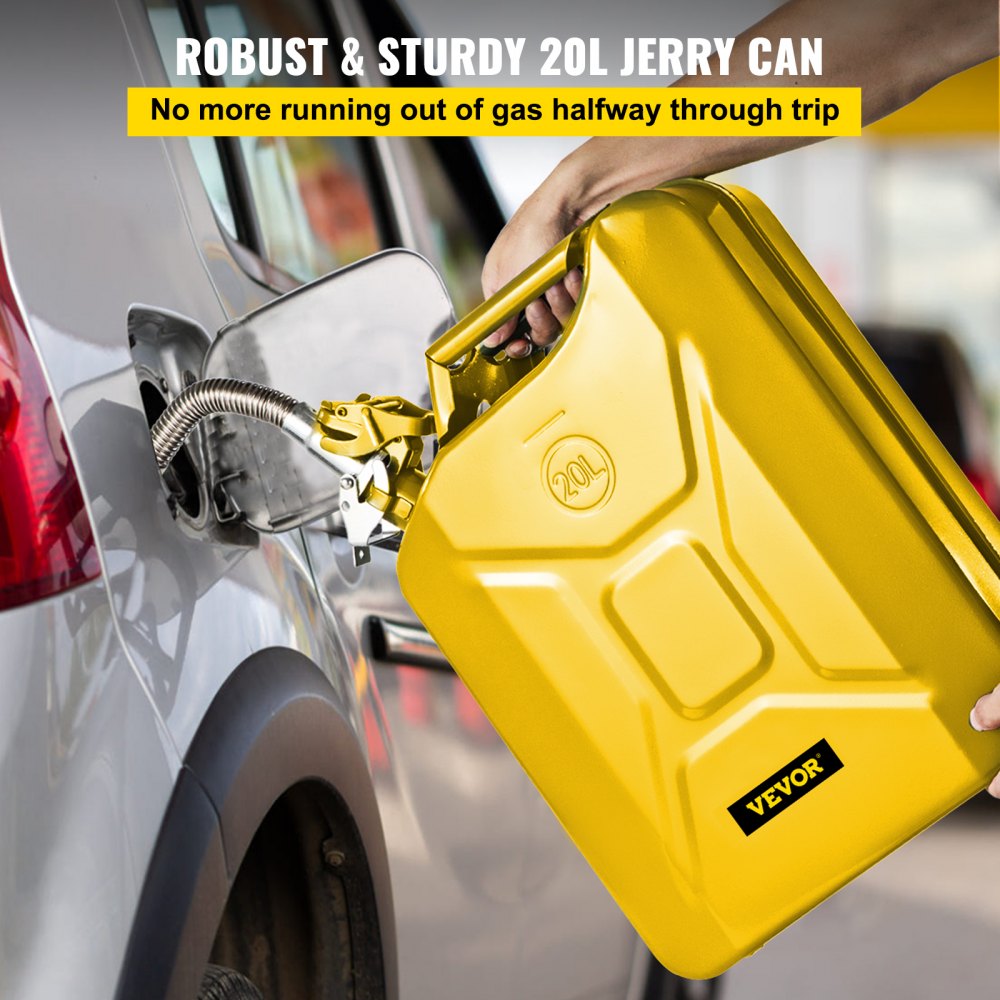 Jerry Fuel Can, 5.3 Gallon / 20 L Portable Jerry Gas Can with Flexible Spout System, Rustproof ＆ Heat-resistant Steel Fuel Tank for Cars Trucks Equipment, Yellow