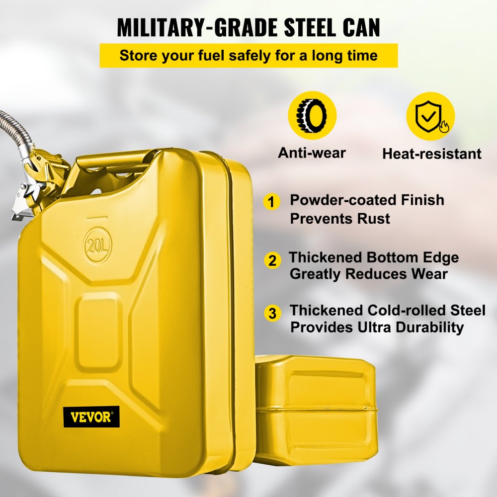 Jerry Fuel Can, 5.3 Gallon / 20 L Portable Jerry Gas Can with Flexible Spout System, Rustproof ＆ Heat-resistant Steel Fuel Tank for Cars Trucks Equipment, Yellow
