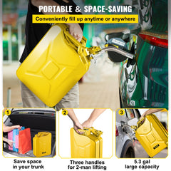Jerry Fuel Can, 5.3 Gallon / 20 L Portable Jerry Gas Can with Flexible Spout System, Rustproof ＆ Heat-resistant Steel Fuel Tank for Cars Trucks Equipment, Yellow