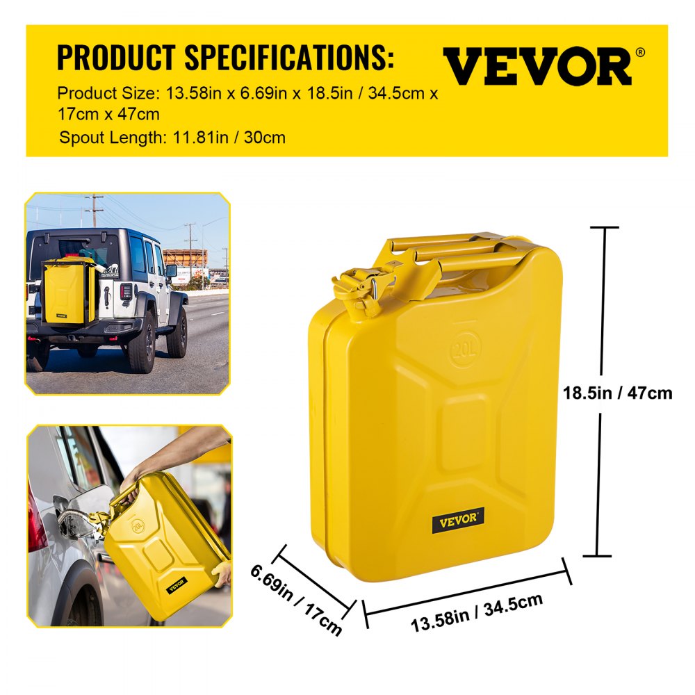 Jerry Fuel Can, 5.3 Gallon / 20 L Portable Jerry Gas Can with Flexible Spout System, Rustproof ＆ Heat-resistant Steel Fuel Tank for Cars Trucks Equipment, Yellow