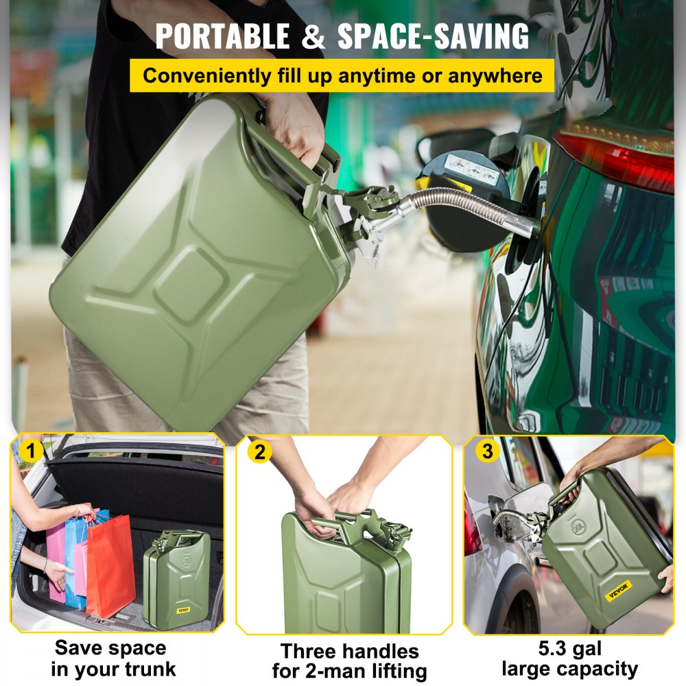 Jerry Fuel Can, 5.3 Gallon / 20 L Portable Jerry Gas Can with Flexible Spout System, Rustproof ＆ Heat-resistant Steel Fuel Tank for Cars Trucks Equipment, 2PCS Green