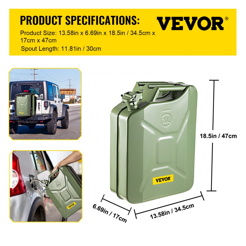 Jerry Fuel Can, 5.3 Gallon / 20 L Portable Jerry Gas Can with Flexible Spout System, Rustproof ＆ Heat-resistant Steel Fuel Tank for Cars Trucks Equipment, 2PCS Green