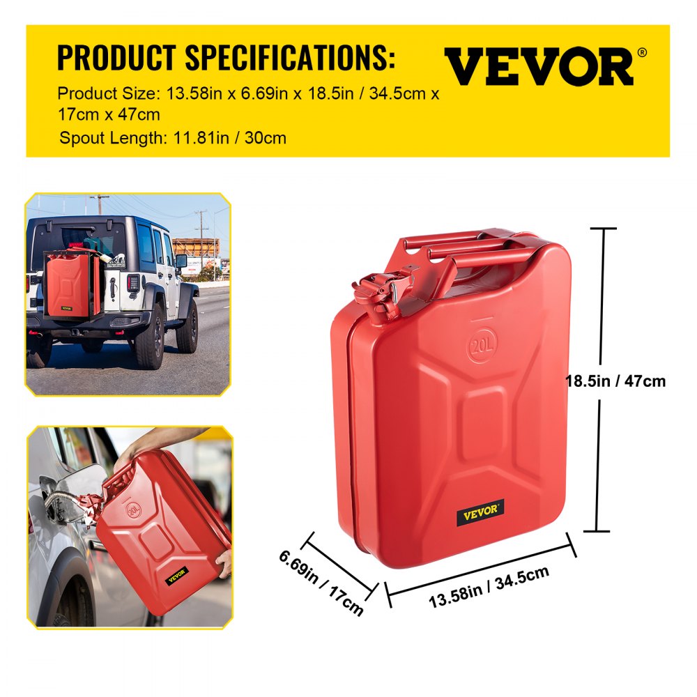 Jerry Fuel Can, 5.3 Gallon / 20 L Portable Jerry Gas Can with Flexible Spout System, Rustproof ＆ Heat-resistant Steel Fuel Tank for Cars Trucks Equipment, 2PCS Red
