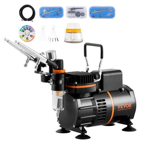 Bostome dual fan airbrush kit with compressor, three airbrushes, hoses, and accessories.