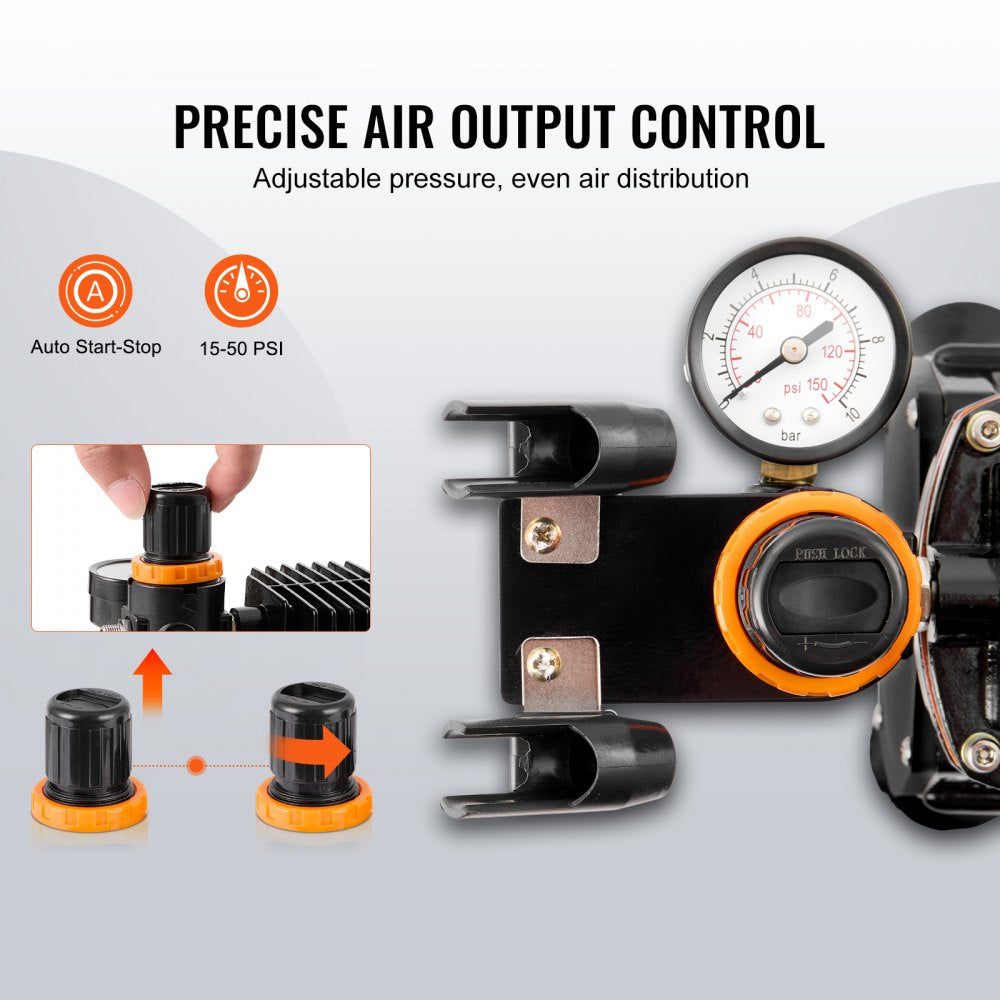 Diagram of Bostome airbrush compressor with adjustable 15-50 PSI gauge, auto start-stop, and even air distribution controls.