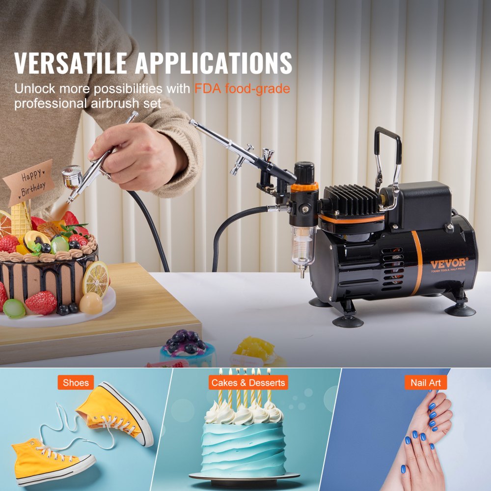 Bostome dual fan airbrush kit with three airbrushes and black compressor on table.