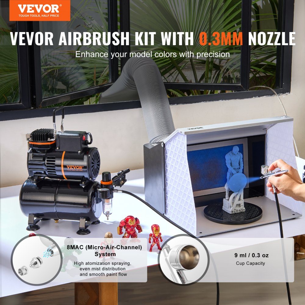 Bostome airbrush kit with 3.5L tank, 0.3mm tip, dual-fan compressor, and cleaning tools.