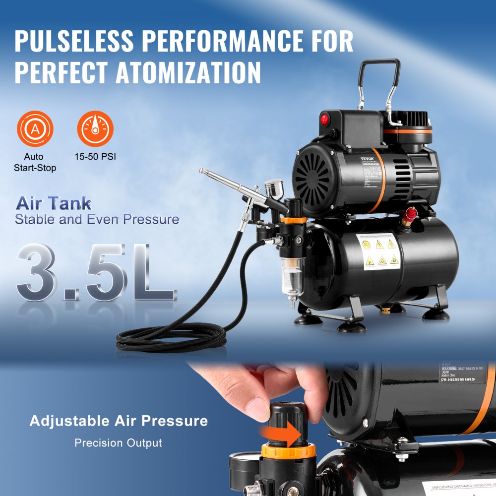 Bostome airbrush kit with 3.5L tank, 0.3mm tip, compressor, and adjustable pressure gauge.