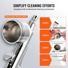 Close-up of Bostome Airbrush with smooth interior and cleaning steps shown on the side.