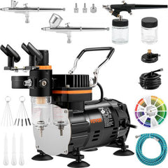 Bostome Professional Airbrush Kit with compressor, featuring dual-action gravity feed and multiple nozzles.