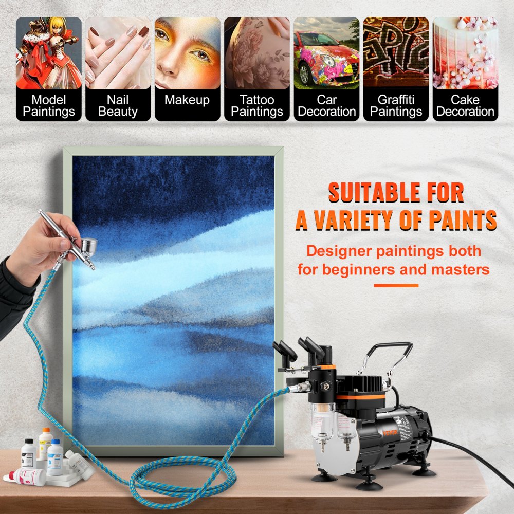 Bostome Professional Airbrush Kit with compressor, featuring dual-action gravity feed and multiple nozzles.