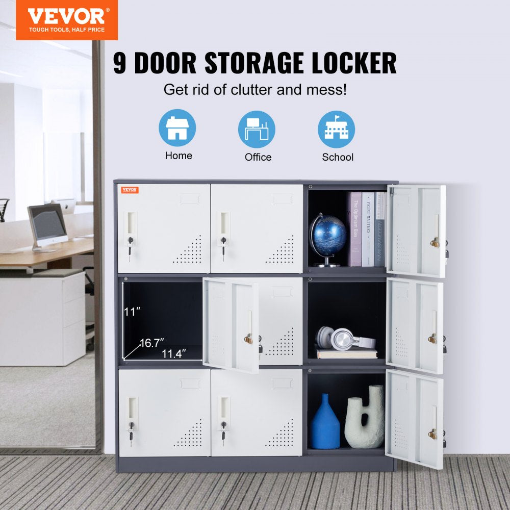 Metal Locker for Employees, 9 Doors Storage Cabinet with Card Slot, Gray Steel Employee Lockers with Keys, 66lbs Loading Capacity office Storage Lockers for Home, School, Office, Gym