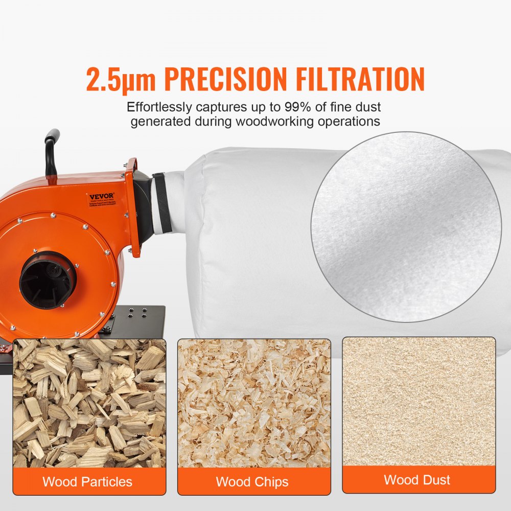 Mobile dust collector with 21-gallon bag, 2.5-micron filter, and swivel casters for portability.