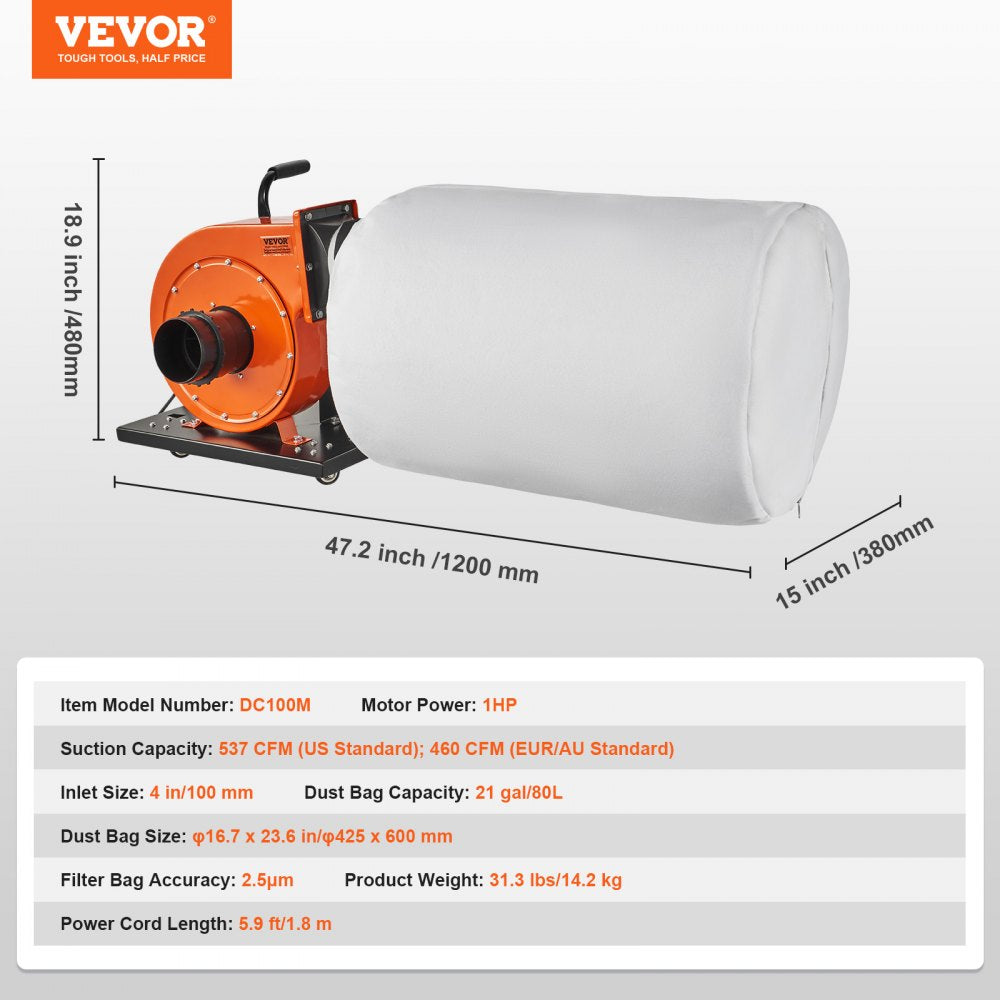 Bostome 1HP mobile dust collector with 21-gallon bag and 2.5-micron filter for fine dust.