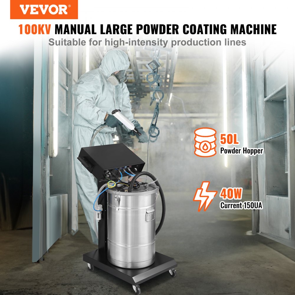 Powder Coating System, 40 W 100KV Electrostatic Output Powder Coating Kit with 50L Powder Hopper, 450g Per Minute Powder Coating Machine with Spray Gun and Trolley Base, for Indoor and Outdoor