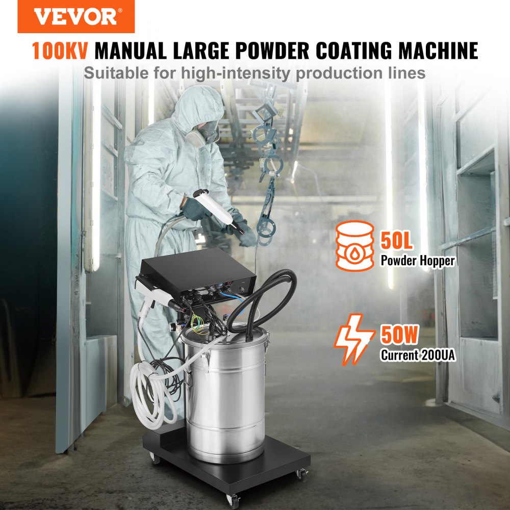 Powder Coating System, 50 W 100KV Electrostatic Output Powder Coating Kit with 50L Powder Hopper, 450g Per Minute Powder Coating Machine with Spray Gun and Trolley Base, for Indoor and Outdoor