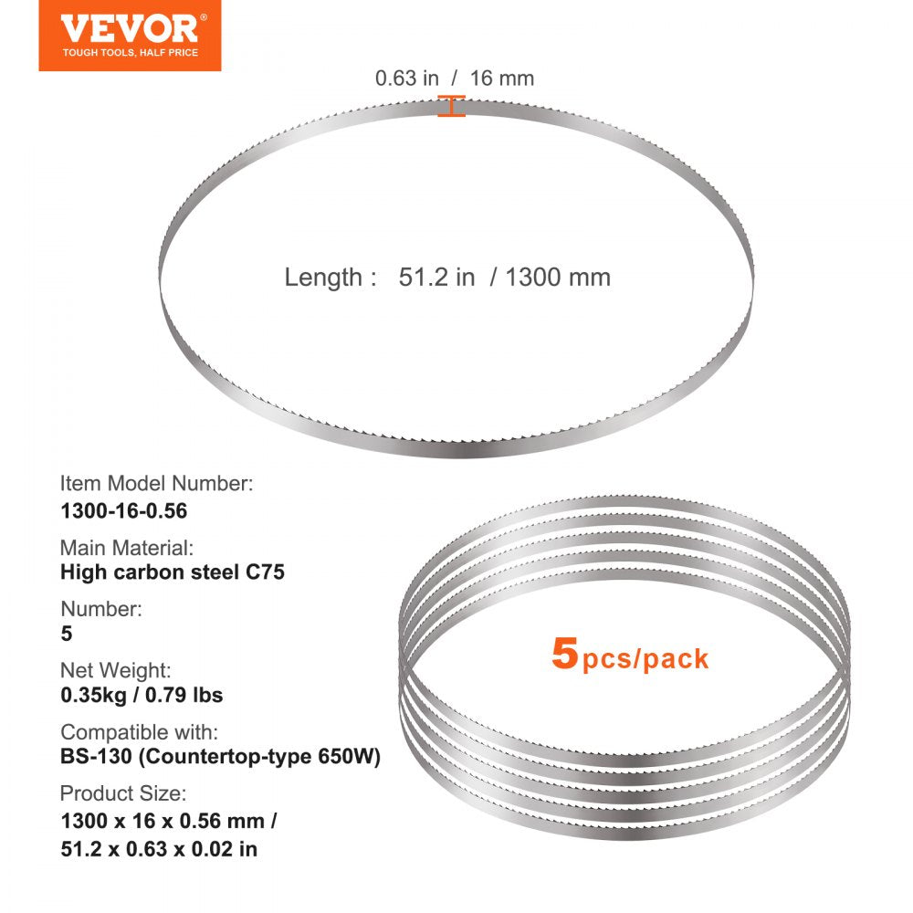 Band Saw Blade for Cutting Meat Bone 51.2"x0.63"x0.02" Carbon Steel 5 PCS