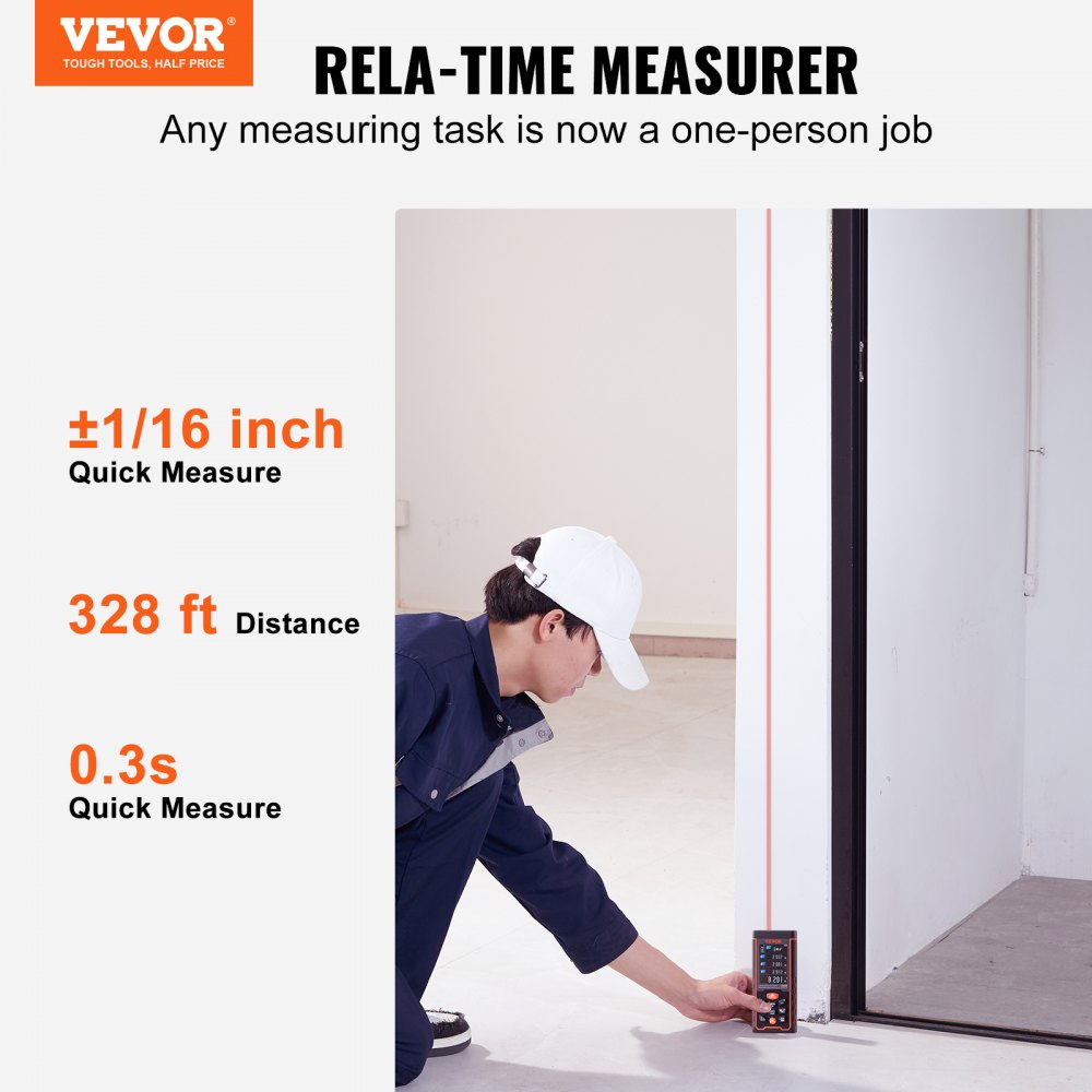 Bostome Laser Distance Measure with Colorlit LCD, measuring up to 328ft with 1/16" accuracy.