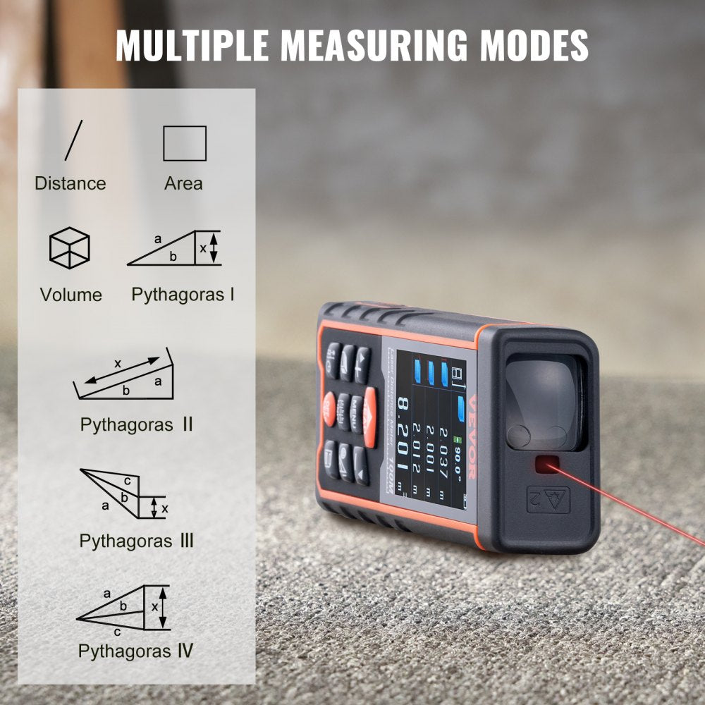 Bostome Laser Distance Measure with Colorlit LCD, measuring up to 328ft with 1/16" accuracy.