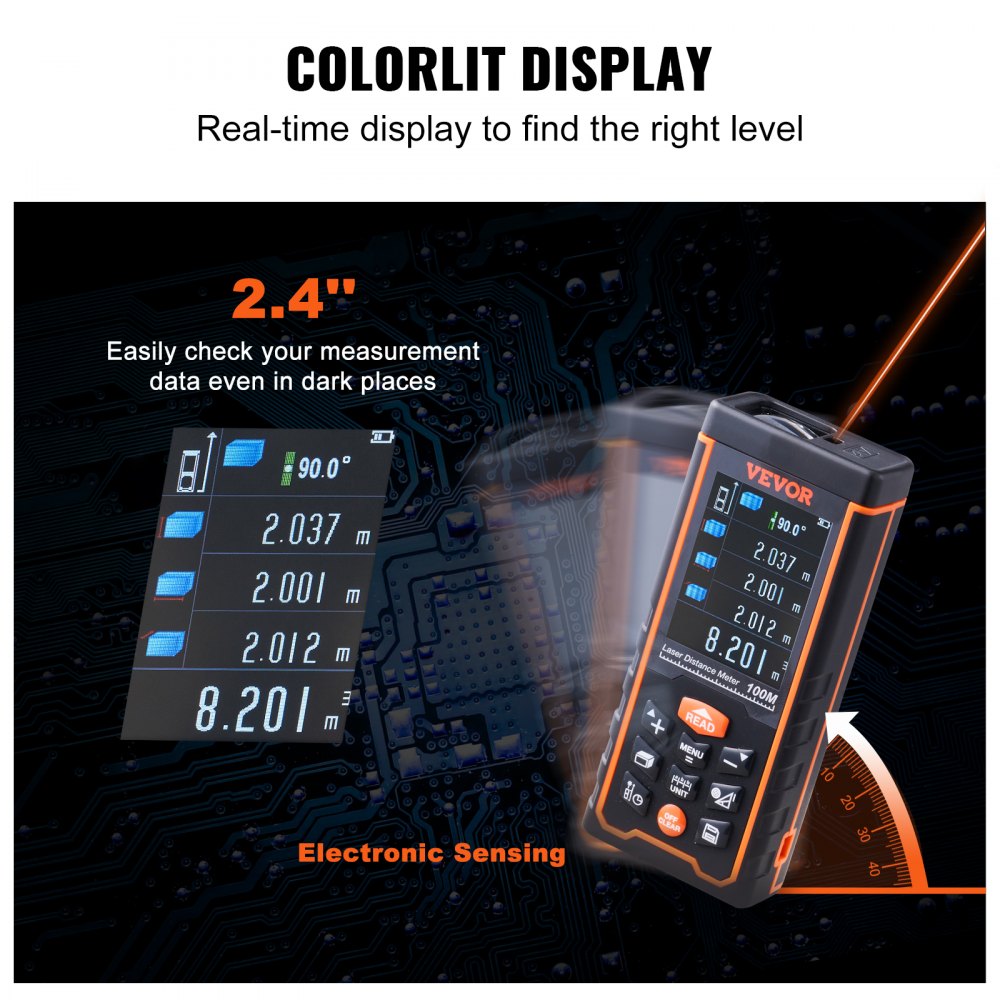 Bostome Laser Distance Measure with Colorlit LCD, measuring up to 328ft with 1/16" accuracy.
