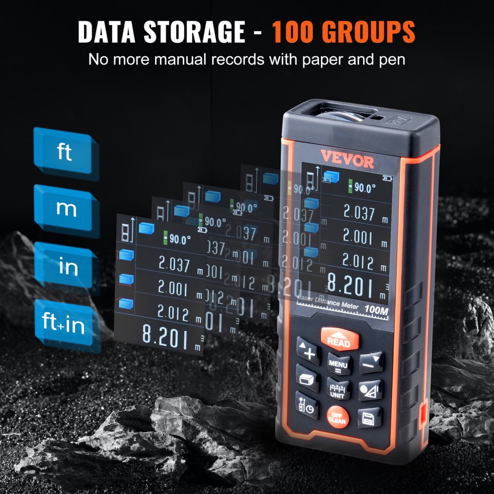 Bostome Laser Distance Measure with Colorlit LCD, measuring up to 328ft with 1/16" accuracy.